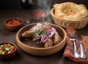 Wine with food: Georgian Kupati sausages with pomegranate alongside a glass of Shavkapito red wine.