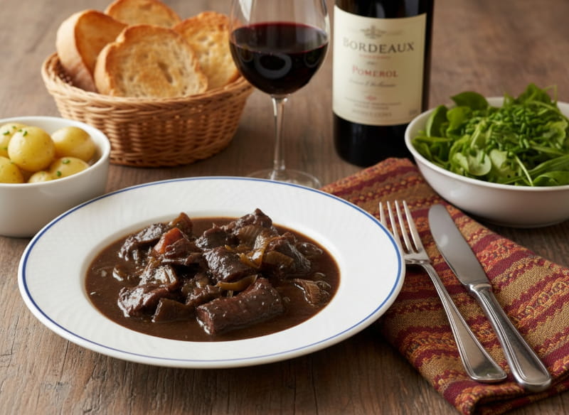 Wine with the meal: Lamproie à la Bordelaise in a dark sauce alongside a glass of Pomerol wine.