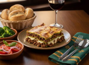 Wine with the meal: Layered lasagne verde alla Bolognese alongside a glass of Sangiovese red wine.