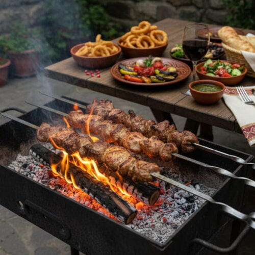 Wine with food: Mtsvadi Georgian shashlik grilled over vine wood alongside a glass of Saperavi wine.