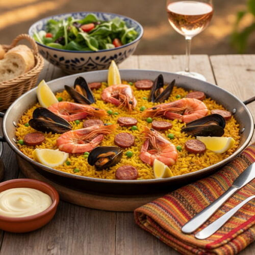 Wine with food: Paella Mar y Montaña with seafood and chorizo alongside a glass of rosado.