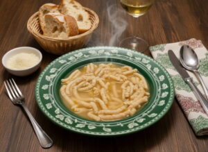 Wine with the meal: Passatelli in brodo in a strong broth alongside a glass of Albana white wine.