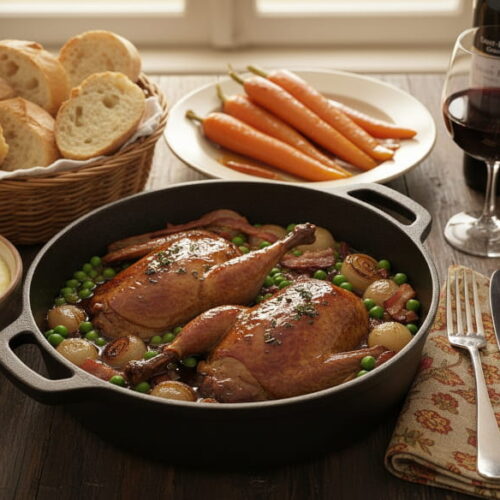 Wine with food: Bordelais-style braised pigeon alongside a glass of Saint-Émilion red wine.