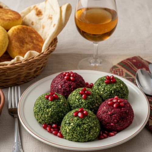 Wine with the meal: Georgian spinach and beet pkhali alongside a glass of Rkatsiteli Amber Wine.