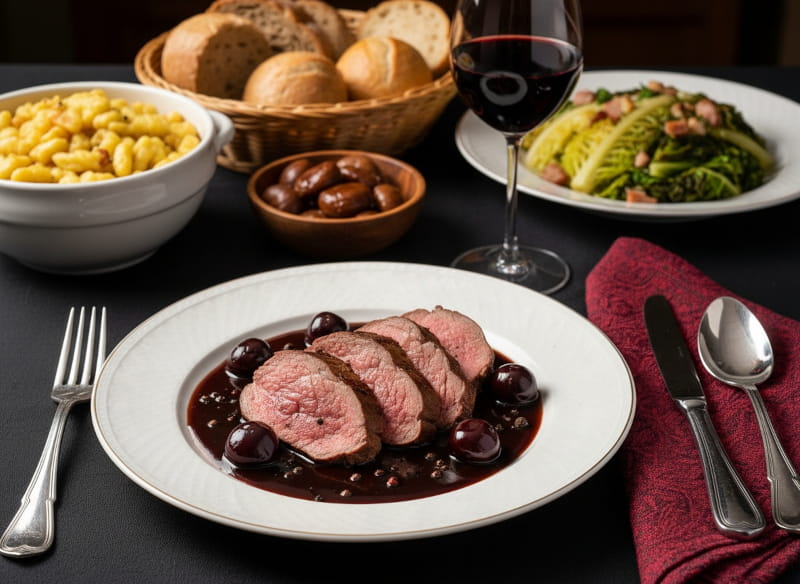 Wine with food: Saddle of venison with chocolate and pepper sauce, cherries and a glass of Syrah.