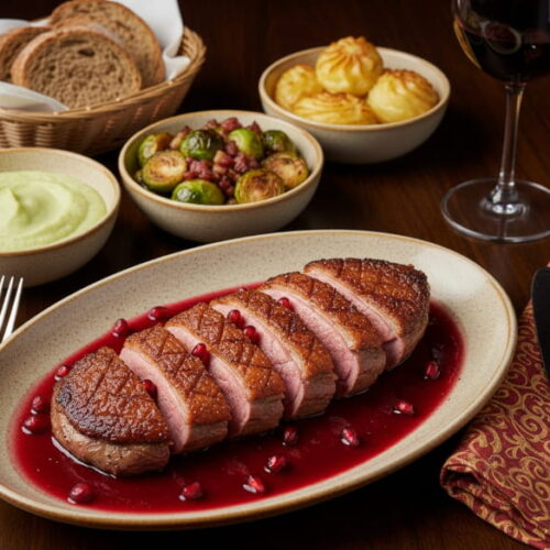 Wine with food: Pink roast duck breast with pomegranate reduction alongside a glass of velvety Merlot.