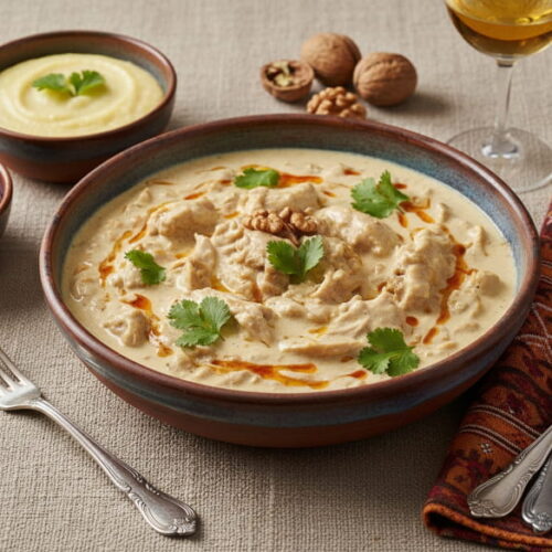 Wine with food: Georgian satsivi in walnut sauce alongside a glass of amber wine.