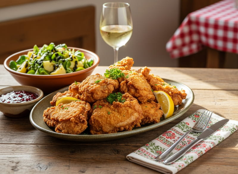 Wine with food: Crispy Styrian fried chicken alongside a glass of Welschriesling white wine.