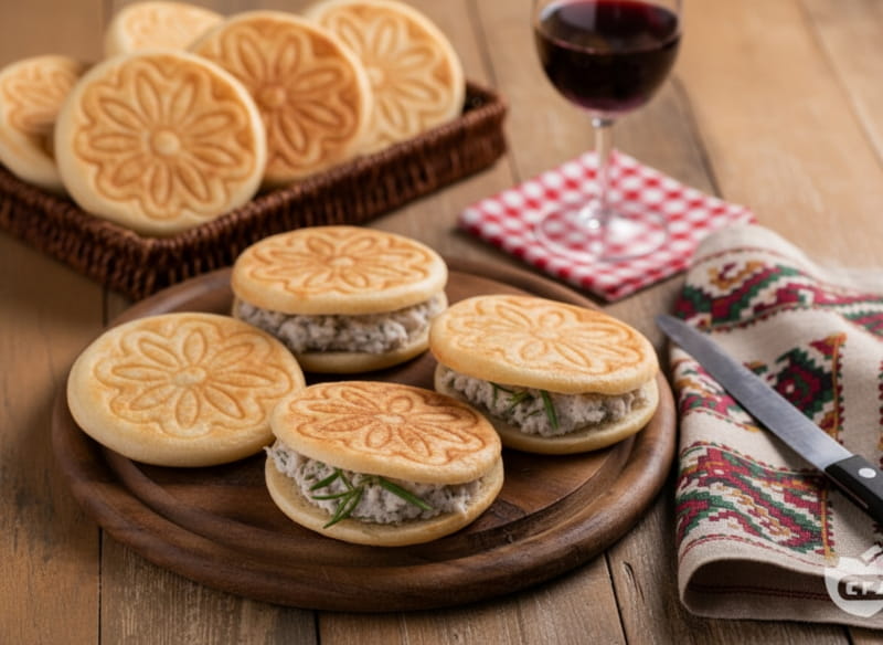 Wine with the meal: Warm tigelle with cunza alongside a glass of Lambrusco red wine.