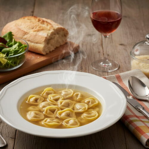 Wine with food: Tortellini in brodo in clear broth alongside a glass of Lambrusco di Sorbara.