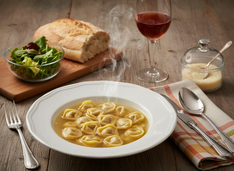 Wine with food: Tortellini in brodo in clear broth alongside a glass of Lambrusco di Sorbara.