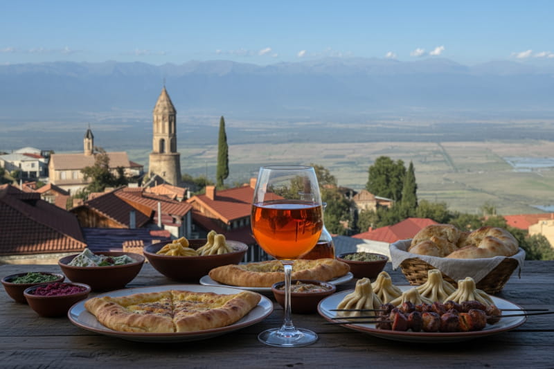A glass of Georgian amber wine in front of a table of khachapuri, khinkali and mtsvadi skewers with a view of Sighnaghi and the Alazani valley.