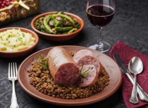 Wine with the meal: Zampone slices on lentils next to a glass of Lambrusco red wine.