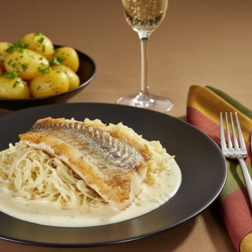 Wine with food: Pike-perch fried on the skin on champagne cabbage with a glass of champagne.