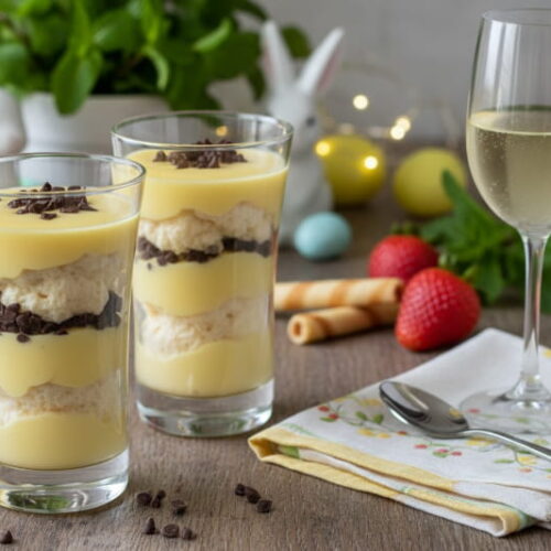 A creamy eggnog mousse with chocolate chips in a glass next to an elegant glass of Moscato d'Asti wine.