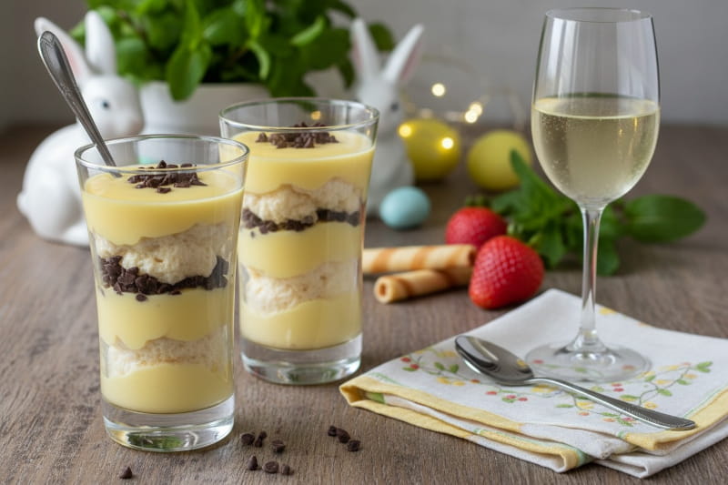 A creamy eggnog mousse with chocolate chips in a glass next to an elegant glass of Moscato d'Asti wine.
