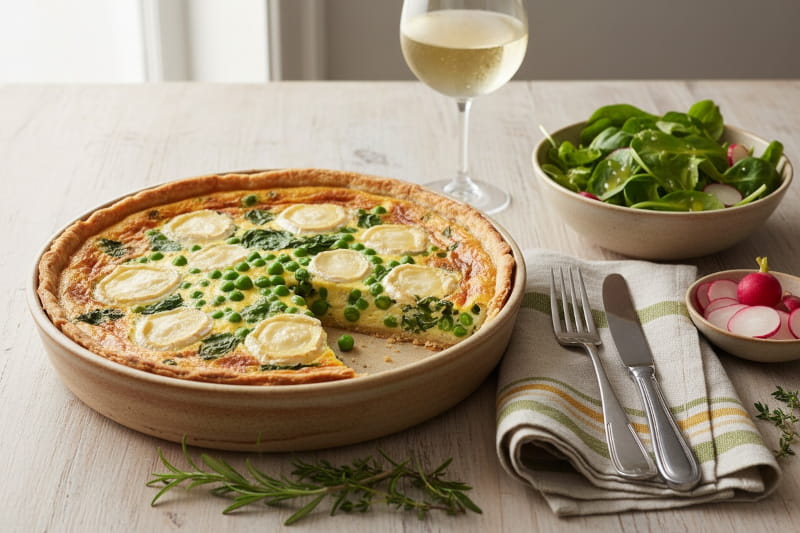 Wine with food: Golden-brown spring quiche alongside a glass of Sauvignon Blanc white wine.