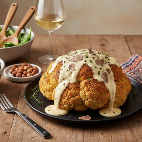 Wine with food: Baked cauliflower with truffle hollandaise alongside a glass of white wine.