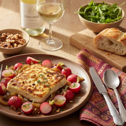 Wine with food: Baked feta with radishes and honey alongside a glass of Scheurebe.