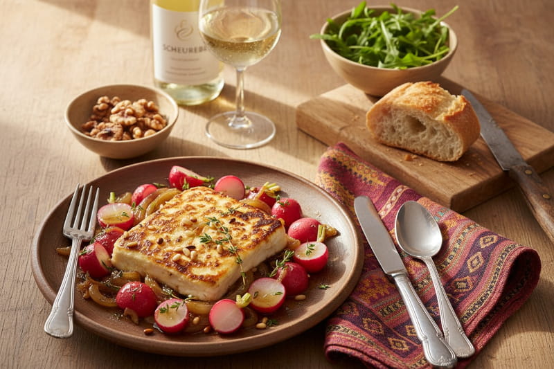 Wine with food: Baked feta with radishes and honey alongside a glass of Scheurebe.