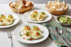 Wine with food: Asian stuffed eggs with chili and coriander alongside a glass of Muscat.