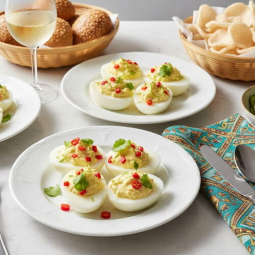 Wine with food: Asian stuffed eggs with chili and coriander alongside a glass of Muscat.
