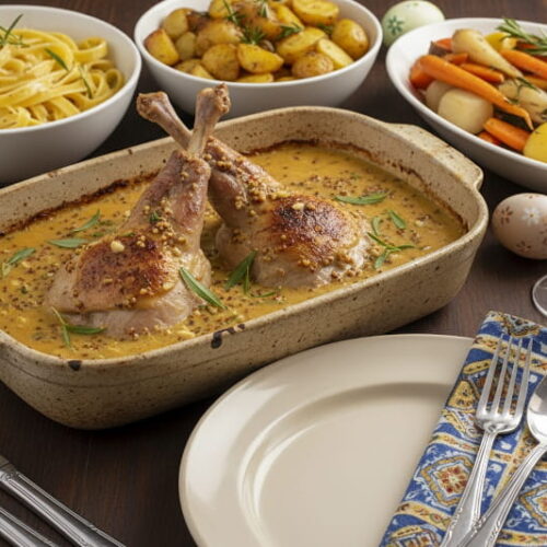 Wine with food: Braised rabbit legs in mustard sauce alongside a glass of Sauvignon Blanc.