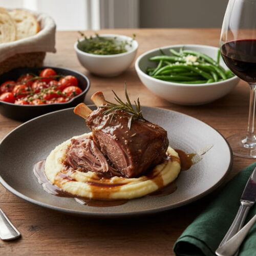 Braised lamb shank in malt beer sauce on parsnip puree with cherry tomatoes and green beans, served with an elegant red wine glass of Syrah