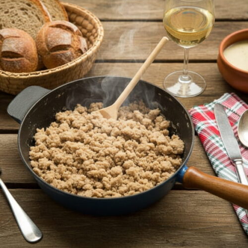 Wine with food: Hearty Heidensterz with gnocchi alongside a glass of Gelber Muskateller wine.