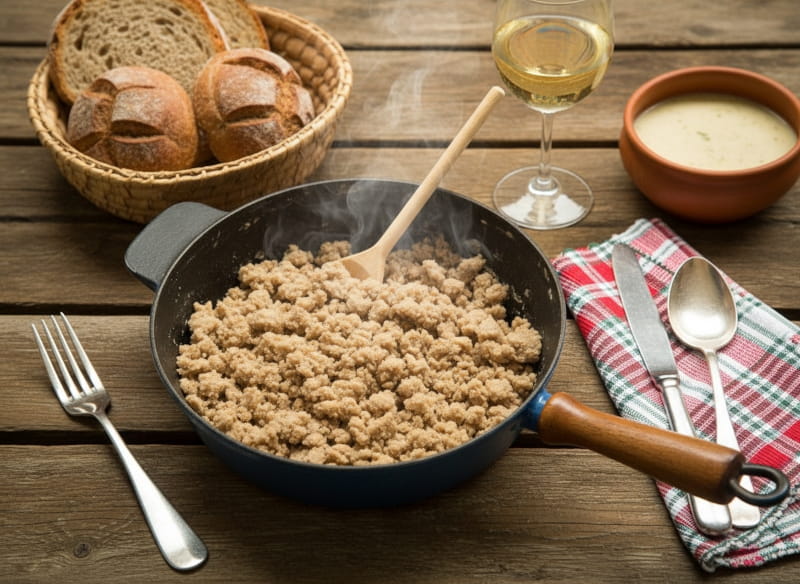 Wine with food: Hearty Heidensterz with gnocchi alongside a glass of Gelber Muskateller wine.