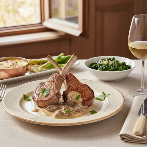 Two roasted veal loin chops with morel cream sauce on a cream-colored porcelain plate, served with an elegant white wine glass with lightly misted Pinot Gris