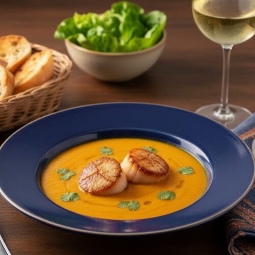 Wine with food: Carrot and ginger soup with scallops alongside a glass of Riesling wine.