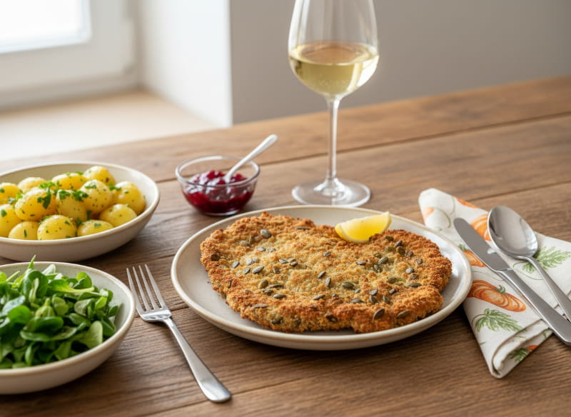 Wine with food: Crispy pumpkin seed schnitzel alongside a glass of Sauvignon Blanc white wine.