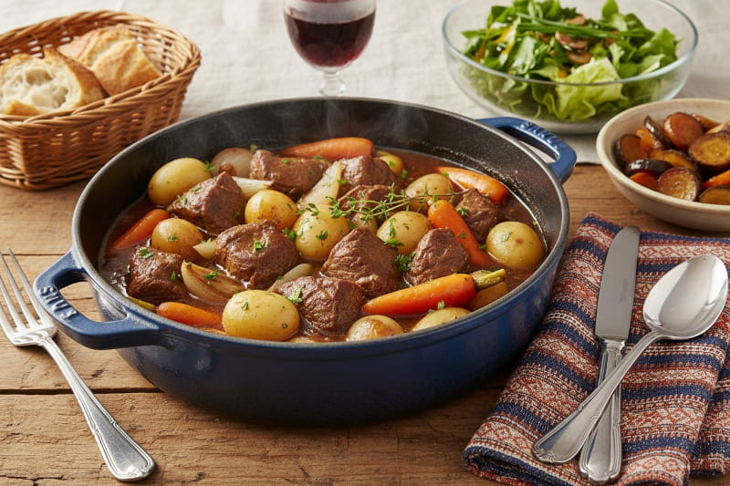 Wine with food: Lamb navarin with turnips and potatoes alongside a glass of red wine.