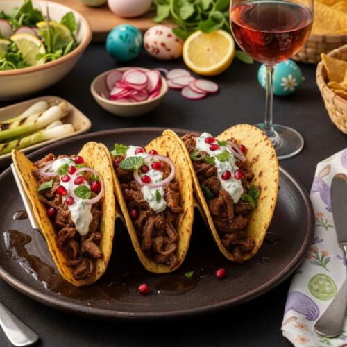 Three lamb tacos with yogurt and pomegranate next to a glass of red wine.