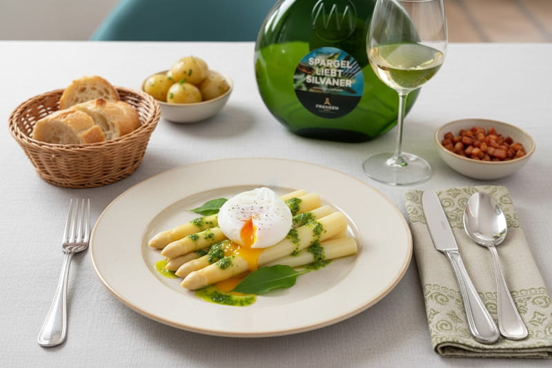Wine with food: Lukewarm asparagus salad with wild garlic and egg alongside a glass of Silvaner.