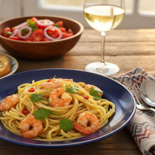 Wine with food: Spicy linguine with prawns alongside a glass of Vermentino wine.