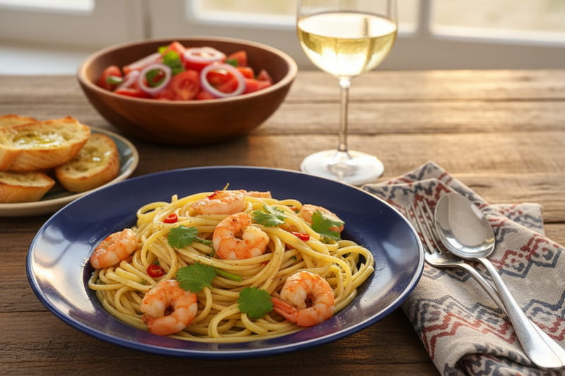 Wine with food: Spicy linguine with prawns alongside a glass of Vermentino wine.