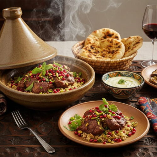 Wine with food: Oriental Easter lamb with pomegranate and pistachios alongside a glass of red wine.