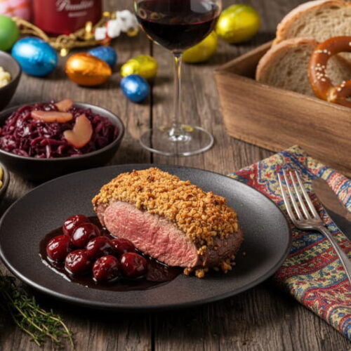 Wine with the meal: Pink roasted saddle of venison with hazelnut crust, cherry sauce and a glass of Primitivo red wine.