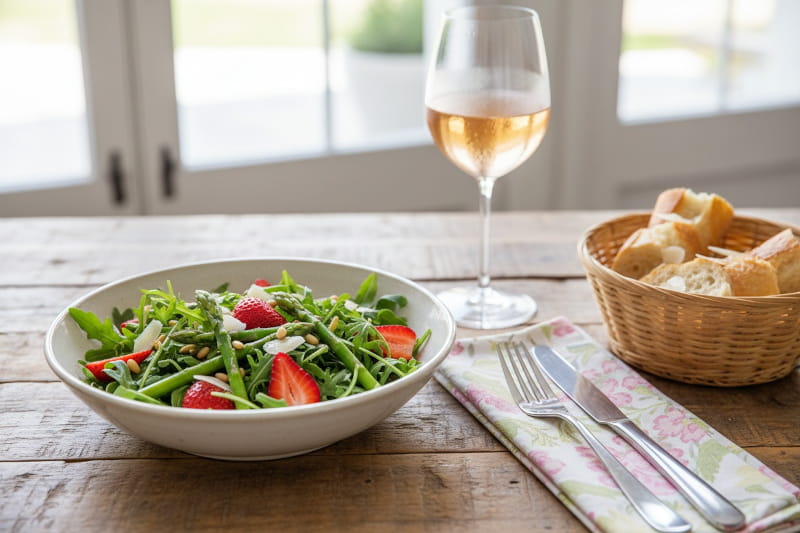 Wine with food: Crisp asparagus and strawberry salad alongside a glass of Pinot Noir rosé wine.
