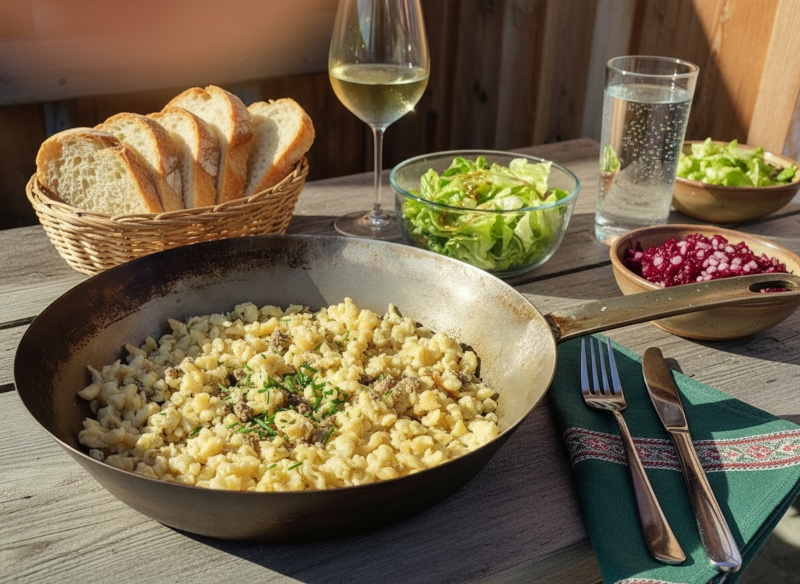 Wine with food: Spicy Steirerkas dumplings in a pan alongside a glass of Sauvignon Blanc white wine.