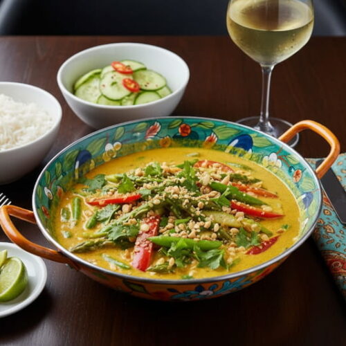 Wine with food: Creamy Thai curry with colorful vegetables alongside a glass of Riesling white wine.