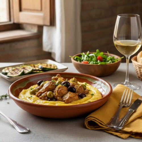 Tender rabbit ragout with olives and lemon zest on creamy polenta in a terracotta plate, served with an elegant white wine glass of Vermentino