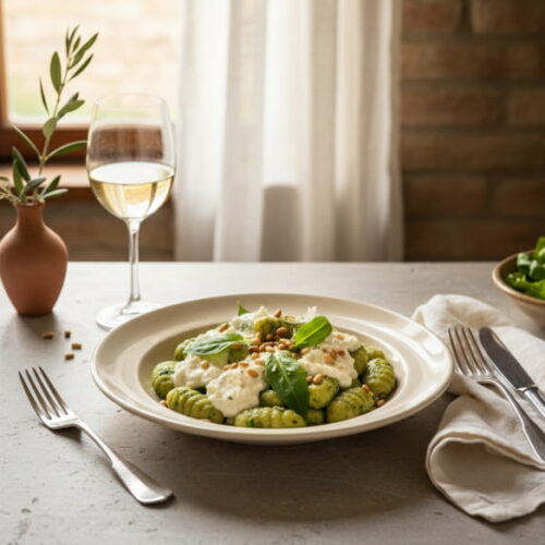 Wild garlic gnocchi with fresh goat's cheese and pine nuts in a cream-colored plate, Vermentino white wine glass, Tuscan trattoria setting