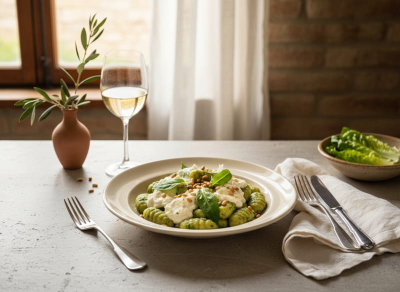 Wild garlic gnocchi with fresh goat's cheese and pine nuts in a cream-colored plate, Vermentino white wine glass, Tuscan trattoria setting