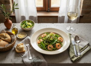 Wild garlic pasta with prawns and lemon butter in a cream-colored plate, Albariño white wine glass, Tuscan trattoria setting