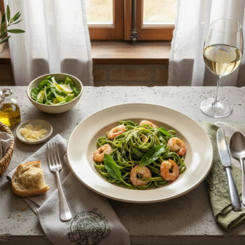 Wild garlic pasta with prawns and lemon butter in a cream-colored plate, Albariño white wine glass, Tuscan trattoria setting
