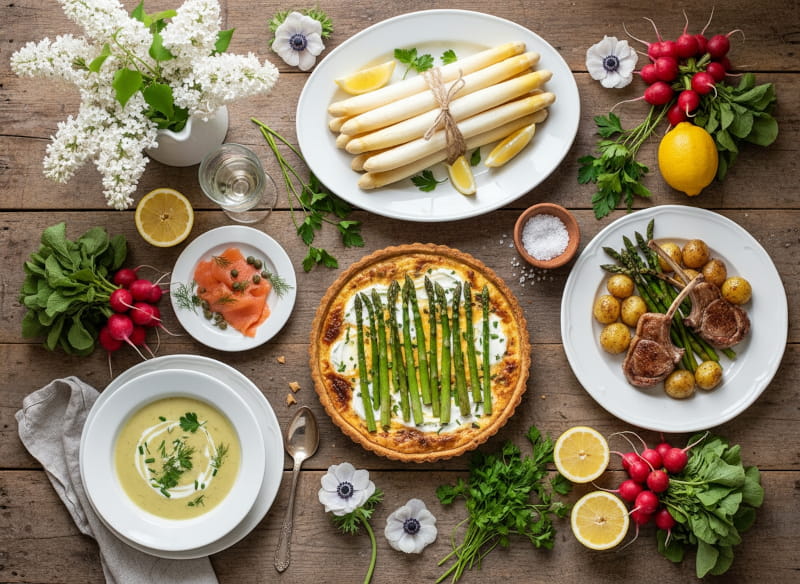 Spargel-Tablescape von oben: weißer Spargel auf Platte, grüne Spargeltarte, Spargelcremesuppe, Lammkoteletts mit neuen Kartoffeln und Räucherlachs auf rustikalem Holztisch mit Flieder, Anemonen und Radieschen