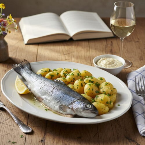 Blue trout with horseradish cream and parsley potatoes on an oval plate, Riesling white wine glass, Bavarian farmhouse table